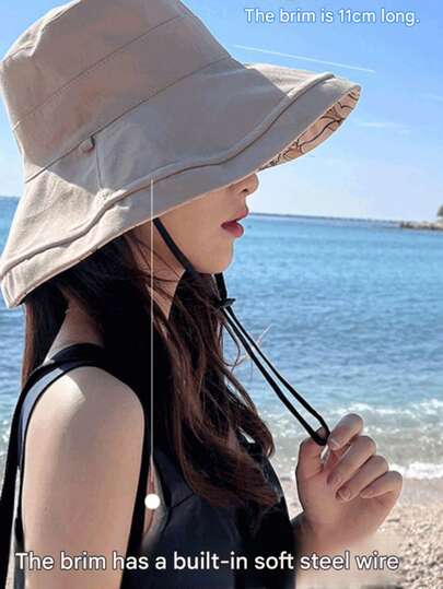 Women's Printed Bucket Hat Summer Wide Brim Sun Hat Reversible Foldable Shaped Hem Sun Protection Hat Outdoor Travel Beach Hat (Windproof Rope Color Random)