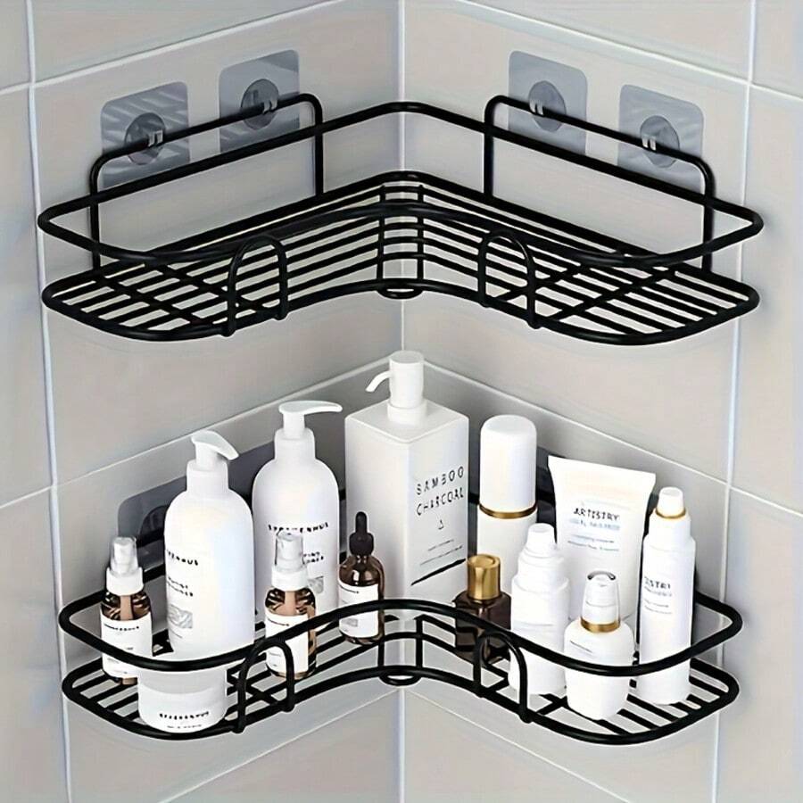 Space-Saving Corner Shelf For Bathroom - Easy To Install, No Drilling Required - Durable Metal Wall-Mounted Organizer Rack, Suitable For Shampoo And Cosmetics - Metal Corner Shelf For Bathroom Storage, Shelf - Black - View 1