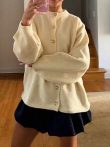 Vivid Style Cream Yellow Knitted Cardigan Women's Round Neck Button-Up Loose Oversized Dropped Shoulder Lantern Long Sleeve Comfortable Knit Sweater Jacket - Yellow - View 6