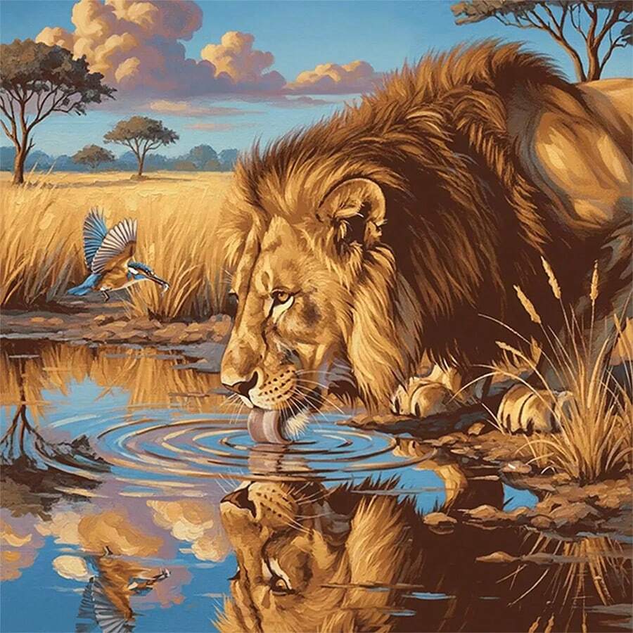 1PC | 5D DIY Diamond Painting | Savannah Lion Diamond Painting Kit, Full Drill Mosaic Craft Set. High-Definition Art Diamond Painting. Gift Diamond Painting, Focus And Relax Through DIY, Suitable For Living Room, Bedroom, Office Wall Decor, Surprise Holiday Home Decor Gift For Family And Friends, Unframed [30*30cm/11.8*11.8in][40*40cm/15.7*15.7in] - No Frame - View 1