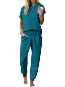 Conjunto de Pijama Capri para Mujer , Ropa de Dormir de Manga Corta, 2 Piezas, Cuello Redondo, Pijama Suave con Bolsillos - Flores marrones, negro - Ver 20