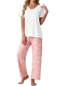 PrinStory - Conjunto de pijama suave de 2 piezas para mujer, conjunto de pijama casual de manga corta con bolsillos - Azul Cristantemo - Ver 12