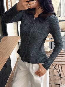 DEEKA 秋冬新款女式歐美風仿毛皮效果翻領針織毛衣外套 - 深灰色1 - 查看 3