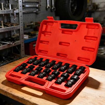 15PCS 3/8 Drive Shallow Universal Impact Socket Set, 6 Point, Metric, 8-22mm, 15-Piece Swivel Socket Set, Metric Flexible Wobble Sockets, CR-MO Steel