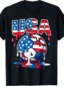 Camiseta Infantil con Bandera Americana en Balón de Fútbol, Estilo Drip, Camisetas de Algodón Cómodas para Niños y Niñas para Actividades de Primavera y Verano - Negro - Ver 1