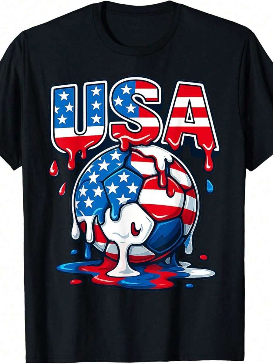 Camiseta Infantil con Bandera Americana en Balón de Fútbol, Estilo Drip, Camisetas de Algodón Cómodas para Niños y Niñas para Actividades de Primavera y Verano - Negro - Ver 1
