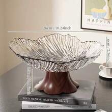Modern Wavy Petal Shaped Fruit Bowl With Stable Faux Wood Base, Large Capacity Decorative Serving Tray For Fruits, Snacks, Candy, Elegant Accent For Kitchen Countertop And Dining Table, Multiple Colors Available, Material And Easy To Clean - View 10