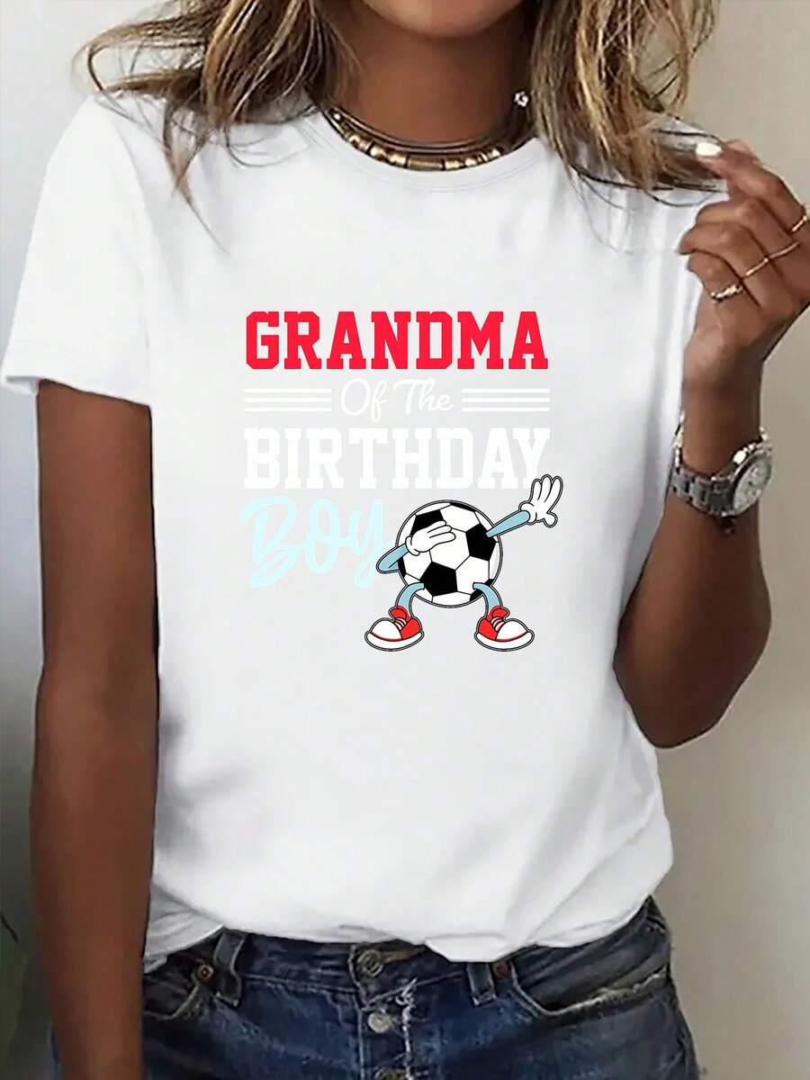 Camiseta estampada de cuello redondo para mujer, Serie de Ropa USA-México, Camiseta de estilo enérgico, Cuello redondo, Estampado de fútbol, - Blanco - Ver 1