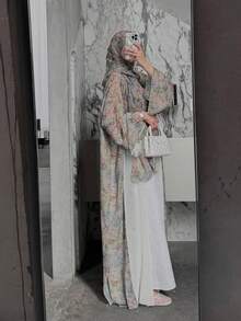 Elegant Traditional Arabic Fashion Ditsy Floral Long Sleeve Abaya Robe With Headscarf Spring - Floral - View 8