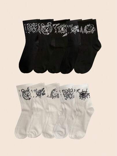 隨機 1/5/10 對男士個性化塗鴉運動吸汗透氣舒適黑白中筒襪