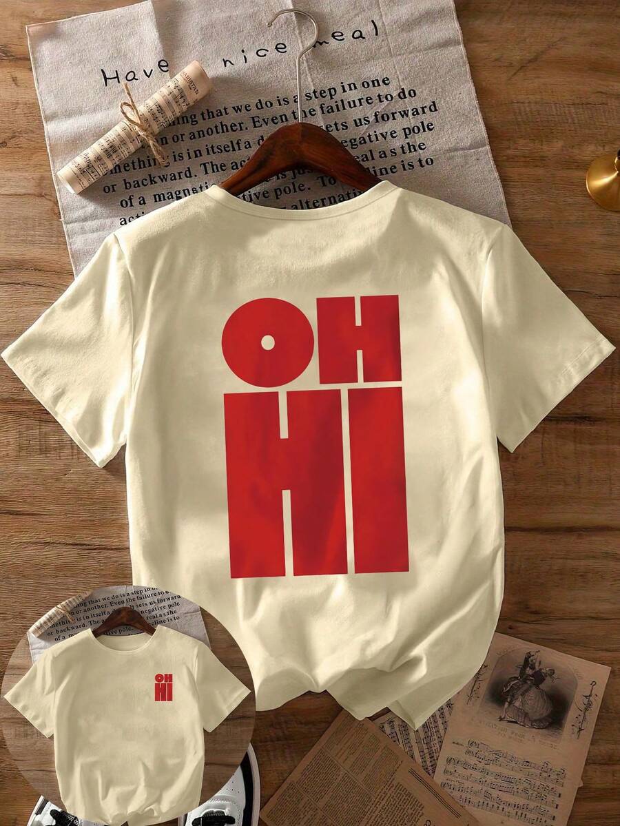 大尺碼女款日常復古紅色 OH HI 字母印花圓領短袖休閒 T-shirt 上衣 夏季 - 杏色 - 查看 1