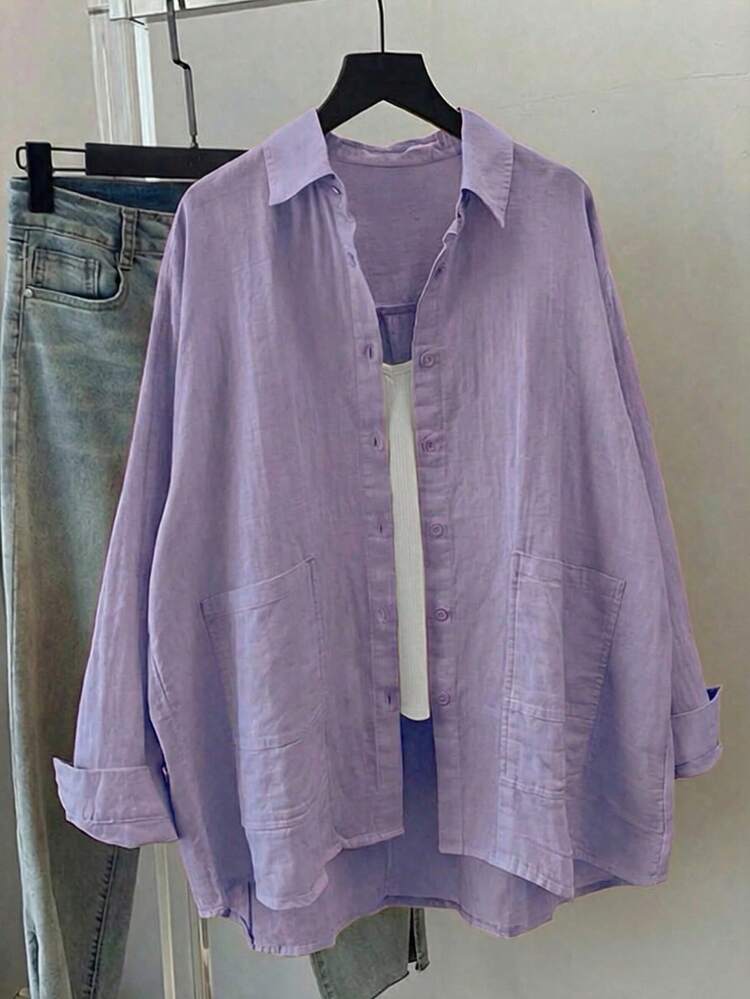 Blusa de mujer con cuello de camisa de tela de poliéster tejida amarilla, manga larga de hombro caído, con bolsillos, para primavera/verano - Morado - Añade 9