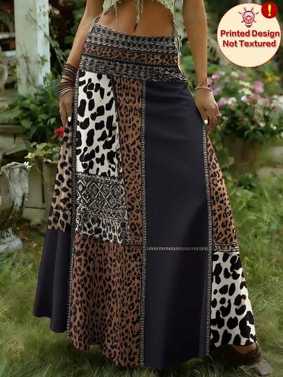 Plus Size Women's Leopard Print Digital A-Line Skirt, Bohemian Style Knit Fabric, Suitable For Casual Daily Wear Vacation Summer