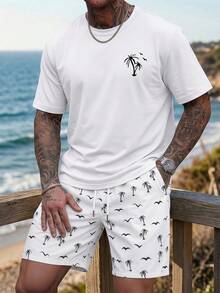 Conjunto de camiseta casual de cuello redondo y pantalones cortos de verano para hombre (ONLY 1  camiseta) RYWQ - Blanco - Ver 1