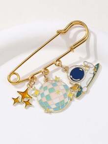 1pc Dreamy Starry Sky Style Multi-Charm Large Brooch, Drip Oil Astronaut Moon Origami Rabbit Colorful Ball Planet Pendant Brooch, Cute Girl Outfit Accessory, Versatile Decoration Pin For Sweaters And Cardigans - Multicolor - View 6