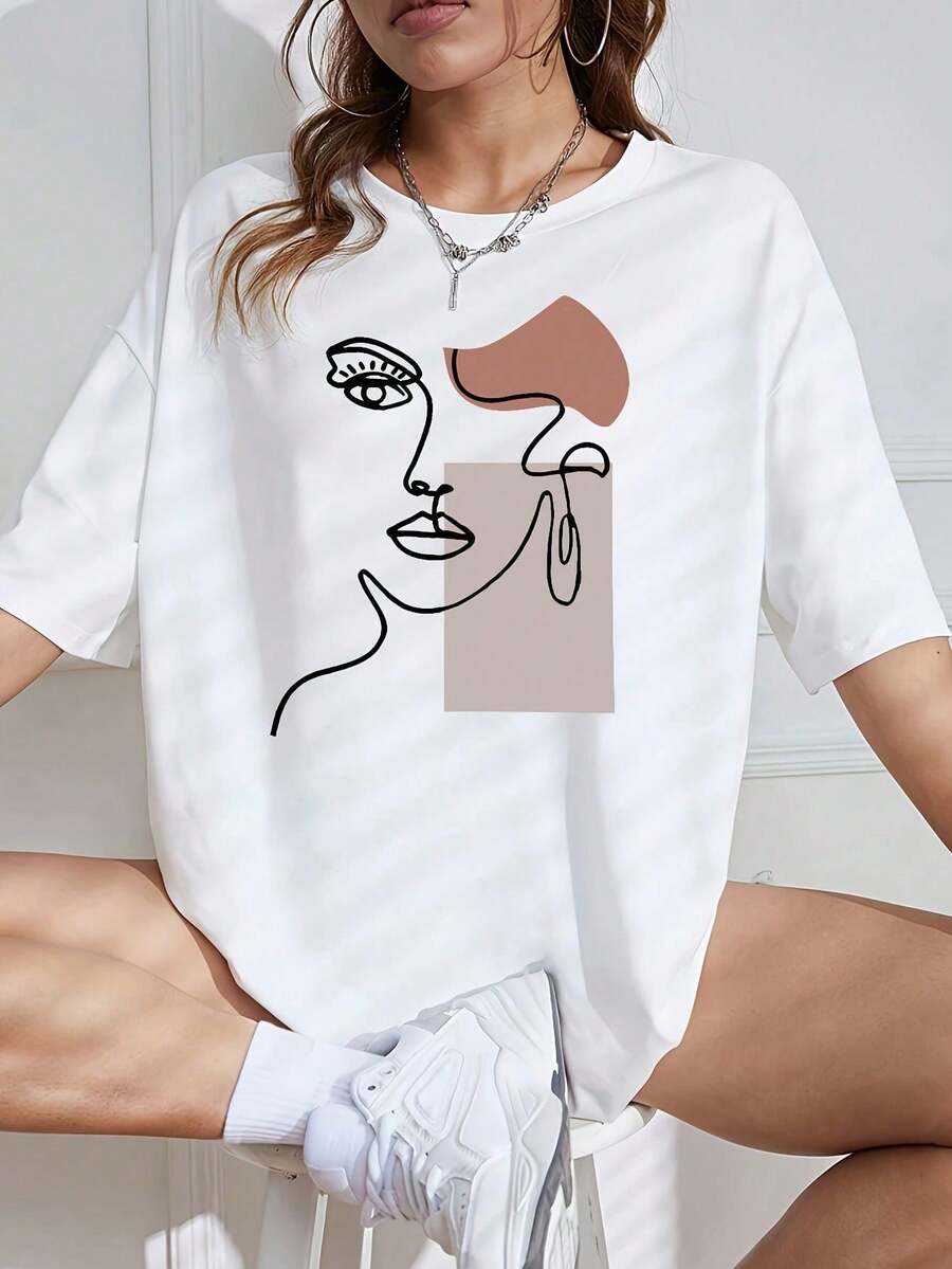 Locker geschnitten, große Größe[Rund]Sommerkleid für Damen mit Gesichtslinien- und Farbblockmuster, locker geschnitten, oversized. T Hemd - Weiss - Übersicht 1