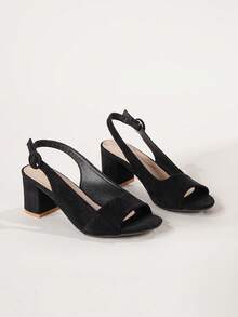 Minimalist Chunky Heeled Suedette Slingback Sandals, Black Elegant Solid Color Open Heel Shoes,Spring Summer Outfits - Black - View 10