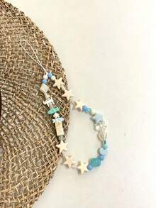 Fresh Sea Salt Blue & White Wooden Star Phone Lanyard, Cartoon Fish & Puppy 3D Beaded Design, Gentle Healing Ins Niche Style Handmade Beaded Wrist Strap, Compatible With Various Phone Cases, Bluetooth Earphones, Keys, Bag Charms, Lightweight & Comfortable, Summer Vibe Accessory, Versatile For Girls' Daily Wear, Exquisite & Cute Gift, Minimalist Ocean Style Decorative Charm - Baby Blue - View 3
