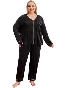 Conjunto de Pijama para Mujer Talla Grande, Cuello en V, Botones Frontales, 2 Piezas, Ropa de Dormir de Manga Larga para Otoño, Color Sólido, Ropa de Casa Femenina - Negro - Ver 1