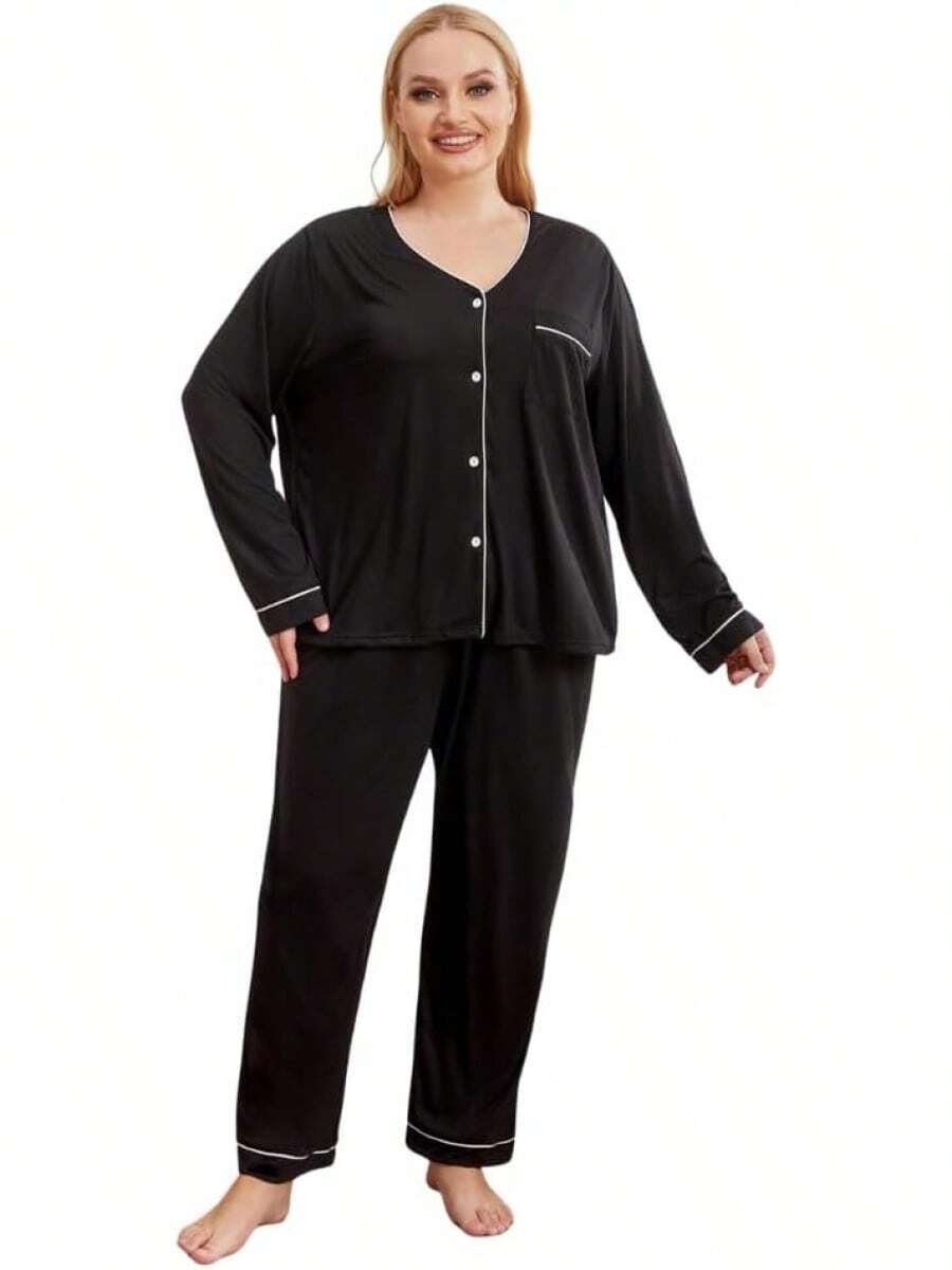 Conjunto de Pijama para Mujer Talla Grande, Cuello en V, Botones Frontales, 2 Piezas, Ropa de Dormir de Manga Larga para Otoño, Color Sólido, Ropa de Casa Femenina - Negro - Ver 1