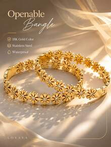 18K Gold Vacuum Plated Stainless Steel Openable Daisy Flower Rhinestone Bracelet/Women's Waterproof Fade-Resistant Gold Open Bangle/Sweet Elegant Niche Jewelry/Daily Commute Party Vacation Gift/For Mom/Women/Girls - Gold - View 2