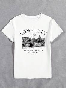 Resyla Camiseta con estampado de la silueta de Roma, Italia, cuello redondo, manga corta, para mujer - ROMA ITALIA, LA CIUDAD ETERNA, FUNDADA EN 753 A.C. - Camiseta gráfica casual para mujer - Blanco - Ver 5