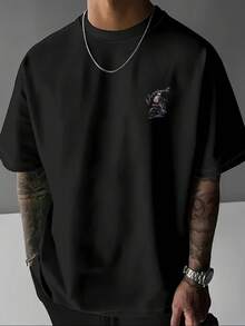 Men's Round Neck Letter Print Short Sleeve T-Shirt, Suitable For Summer Casual Sports - 黑色 - 查看 2