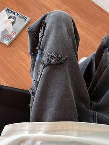 Men's Comfortable Fabric Embroidered Wide-Leg Jeans, Fashionable And Versatile - Dark Grey - View 3