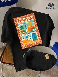 Camiseta de hombre estilo urbano tunecino, diseño con estampado de TUNISIA - reversible, ligera, para viajes de verano y playa, adecuada para salidas diarias, ropa de estilo urbano, ca - Negro - Ver 2