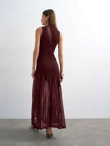 Vestidos elegantes para fiesta casuales para mujer punto canalé combinado tul estilo francés verano diseño exclusivo transparente largo - Rojo - Ver 3