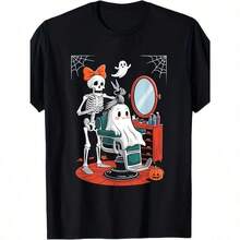Camiseta de Peluquero con Calavera de Halloween - 220g 100% Algodón - Negro - Ver 1