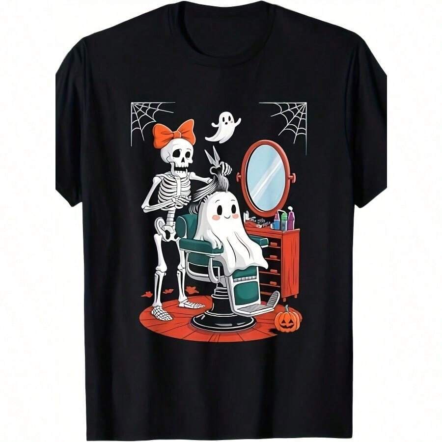 Camiseta de Peluquero con Calavera de Halloween - 220g 100% Algodón - Negro - Ver 1