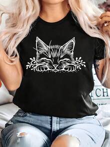 Talla Grande, Camiseta de Gato Oversize para Mujer (Tallas 0XL-8XL) - Diseño de Gatito Lazo y Ramas Dibujado a Mano, Cuello Redondo, Manga Corta - Compatible con Diversos Tipos de Cuerpo, Ro - Negro - Ver 1