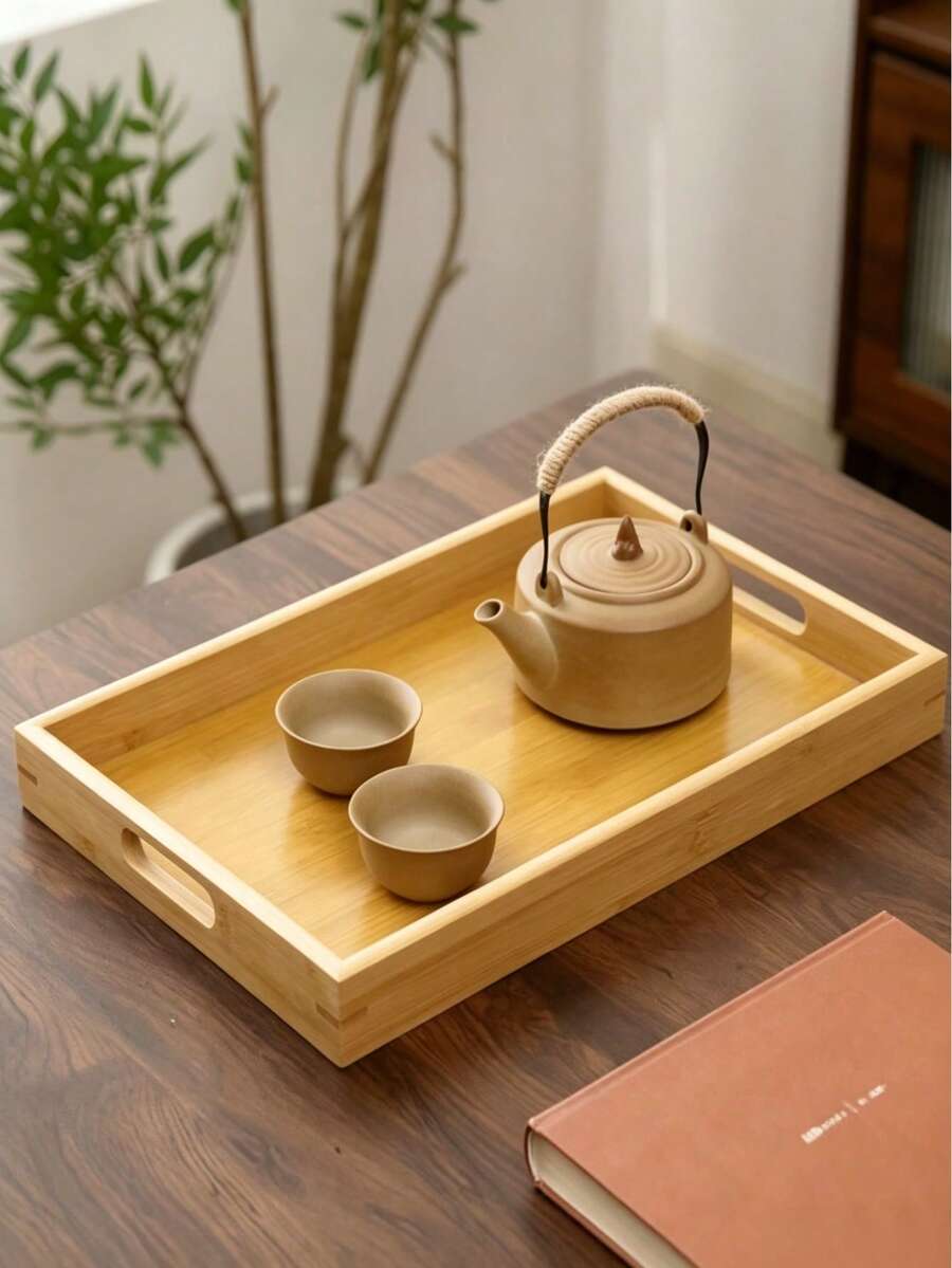 竹製中空把手長方形木製早餐托盤，多功能餐飲托盤，適用於咖啡、茶、零食、居家桌面裝飾 - 查看 1