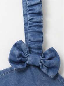 2pcs/Set Girls Toddler Casual Comfortable Cute Breathable Skin-Friendly French Style Puff Sleeve Round Neck Polka Dot T-Shirt With Bow Pleated Shoulder Strap Vintage Denim Overall Dress Outfit - Multicolor - View 6