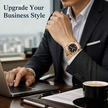 CTPOR 1pc Men's Rose Gold Stainless Steel Band Fashion Waterproof Calendar Luminous Hour & Minute Hands Square Quartz Watch, Birthday Or Holiday Gift - Multicolor - View 10