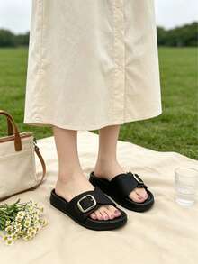 Women's Fashion Buckle Strap Sandals - Comfortable Open Toe Casual Slip-On Slides For Summer Daily Wear - Black - View 5