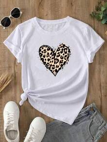 suelta con estampado gráfico Camiseta de mujer nueva para verano, estilo dulce y picante, estampado de leopardo con corazón, camiseta de manga corta, estilo relajado y personalidad, ins ... - Blanco - Ver 1