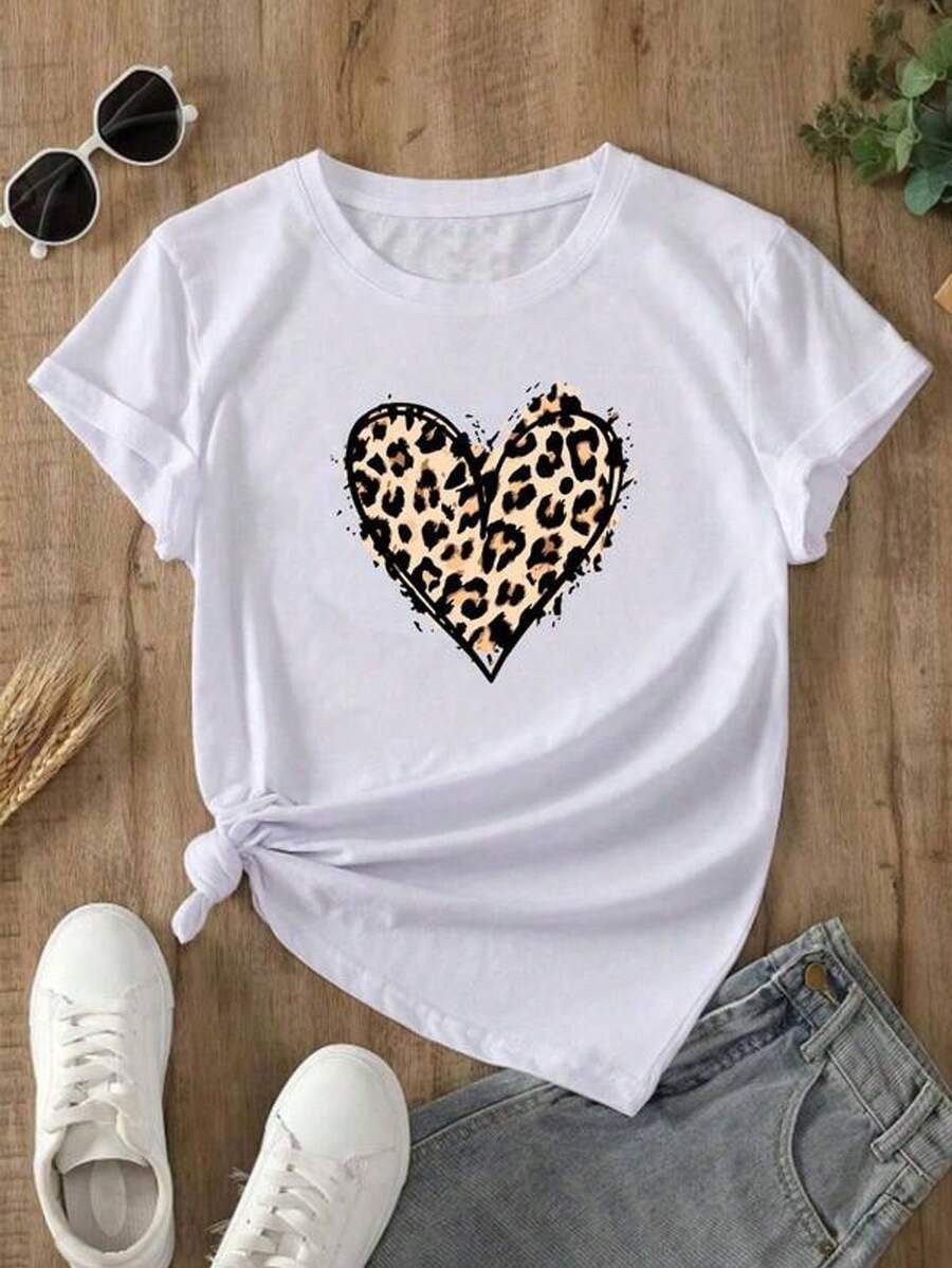 suelta con estampado gráfico Camiseta de mujer nueva para verano, estilo dulce y picante, estampado de leopardo con corazón, camiseta de manga corta, estilo relajado y personalidad, ins ... - Blanco - Ver 1