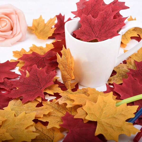 300Pcs Fall Artificial Maple Leaves 3.35 Inch Fake Mixed Autumn Leaves Thanksgiving Table Decor Assorted Colors Faux Fall Leaf For Thanksgiving Weddings Festival Events Party Crafts