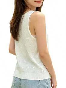 playera sin mangas de punto con cuello en U para mujer, sin mangas, ajuste ajustado, hueca - Blanco - Ver 2