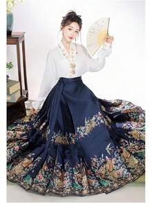 Traje de baile de Hanfu Tang Ming para mujer, diseño de patrón dorado, bordado de Hanfu - Falda azul marino - Ver 3