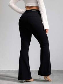 Pantalones campana largos hasta el suelo de cintura alta con roturas unilaterales en las rodillas, alta elasticidad ajustado disponible en múltiples tonos caída fluida retro - Negro - Ver 5