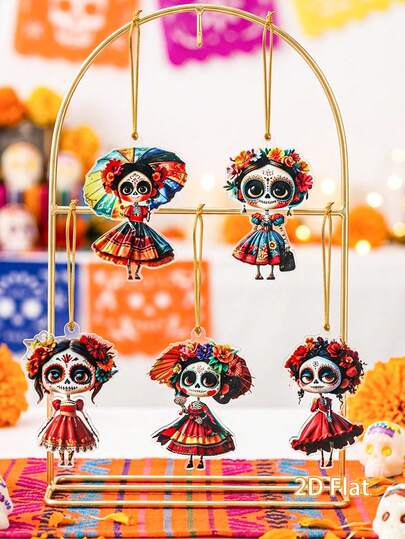 5pcs Mexican Style Acrylic Skull Ornaments Festival Decorations Pendant, Suitable For Day Of The Dead,Halloween, Carnival, Christmas Holiday Party Decorations Accessories, Home & Window Decor, Offices Decor, Classrooms Decor,With 5 Golden Ropes