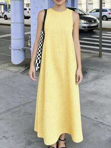 Nouvelle robe longue décontractée d'été pour femmes, robe de mode à carreaux contrastés noir et blanc pour femmes, tenue d'été simple et polyvalente vintage pour femmes, fête - Jaune citron - Voir 3