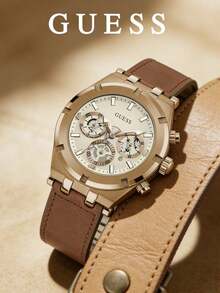 Guess Continental 男士計時石英腕錶，44mm 玫瑰金不鏽鋼錶殼，奶油色多功能子盤錶盤，棕色真皮錶帶 GW0262G3 - 金色 - 查看 1