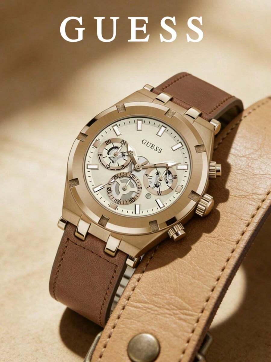 Guess Continental 男士計時石英腕錶,44mm 玫瑰金不鏽鋼錶殼,奶油色多功能子盤錶盤,棕色真皮錶帶 GW0262G3 - 金色 - 查看 1