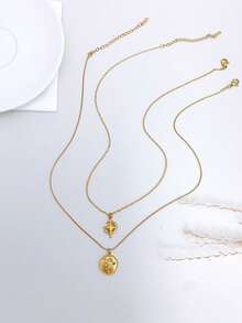 Stainless Steel Waterproof Fade-Resistant Vintage Cute Small Sun Moon Star Pattern Pendant Necklace Suitable For Women's Daily Wear - Gold - View 3