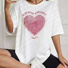 1 pieza Camiseta de Mujer Estilo Coreano de Verano, de Algodón Estampado, Diseño de Corazón, Huella Dactilar y Versículo Bíblico, Manga Corta, Cuello Redondo, 180g, 100% Algodón - Blanco - Ver 1