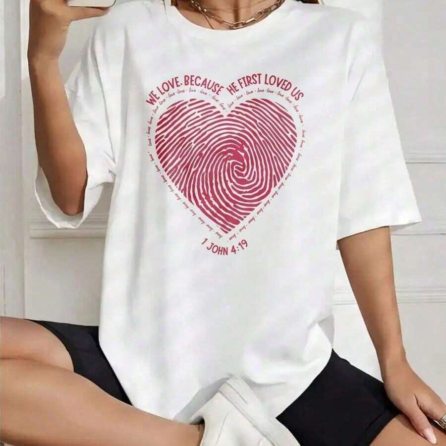 1 pieza Camiseta de Mujer Estilo Coreano de Verano, de Algodón Estampado, Diseño de Corazón, Huella Dactilar y Versículo Bíblico, Manga Corta, Cuello Redondo, 180g, 100% Algodón - Blanco - Ver 1